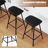 Three black bar stools are shown in a kitchen setting with wooden flooring and white cabinets. Podgląd zdjęcia produktu