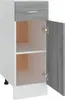 A white and gray kitchen cabinet with an open door, showing two shelves inside. Produktbild-Vorschau