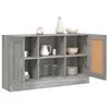 A gray wooden sideboard with open doors and shelves filled with various kitchenware and decorative items. Voir les images du produit