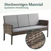 A polyrattan sofa with gray cushions, with a close-up of the weave pattern. Produktbild-Vorschau