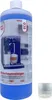 A bottle of blue cleaning liquid with a small measuring cup next to it. The bottle has a label with a picture of a coffee machine and text. Produktbild-Vorschau