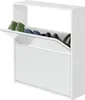 A white shoe cabinet with two open compartments, displaying shoes inside. Produktbild-Vorschau