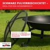 A black metal fire pit with a mesh lid is shown outdoors on a grassy lawn. Produktbild-Vorschau