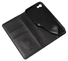 An open black leather flip phone case with card slots and a phone holder. Produktbild-Vorschau