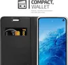A close-up view of a black wallet-style phone case with a credit card inserted, next to a smartphone displaying a blue and white wallpaper. Náhled obrázku produktu