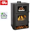 A black wood-burning stove with a glass door showing a roast chicken inside an oven compartment and a lower compartment with a fire and logs. There are also two promotional overlays on the left side of the image. Produktbild-Vorschau