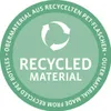 A circular badge with recycling symbols and text indicating that the material is made from recycled PET bottles. Produktbild-Vorschau