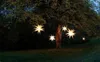 Several illuminated star-shaped lanterns hang from the branches of a large tree in a garden at dusk. Produktbild-Vorschau