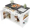 A white kitchen island with a black countertop, featuring drawers, cabinets, and a designated pet area with bowls and food. A dog is sitting in the pet area. Anteprima dell’immagine prodotto