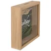 A wooden money box with a glass front displaying a scenic image and text. Produktbild-Vorschau
