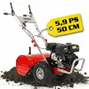 A red and silver rototiller is shown on a white background, partially embedded in soil. A yellow tag with text is attached to the handle. Produktbild-Vorschau