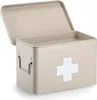 A beige metal medicine box with a white cross symbol on the front is shown with its lid open. Náhled obrázku produktu