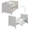 A crib is shown in its original form and then transformed into a toddler bed. Produktbild-Vorschau