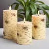 Three LED candles with a birch wood appearance are displayed on a table in front of a green plant. Produktbild-Vorschau