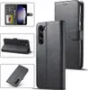 Collage of images showing a black leather flip case for a Samsung Galaxy S23 phone from different angles and in different configurations. Produktbild-Vorschau