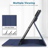 A tablet case is shown standing upright, propped up by its cover, displaying its multiple viewing angles and anti-slip features. Produktbild-Vorschau