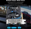 A graphics card with multiple output ports is shown with text overlays describing its features. Produktbild-Vorschau