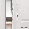 A close-up shot of a white door handle and lock mechanism on a white door. Produktbild-Vorschau