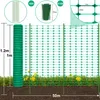 A green fence roll and installed fence with measurements and accessory details. Produktbild-Vorschau