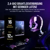 A person wearing a gaming headset is playing a video game in front of multiple monitors, with marketing text overlayed. Produktbild-Vorschau