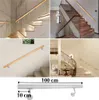 A collage of images showing wooden handrails on stairs in various settings, along with a diagram of a handrail with dimensions. Produktbild-Vorschau