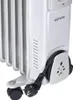A close-up view of the bottom section of a white oil-filled radiator, showing its wheel, power cord, and plug. Podgląd zdjęcia produktu