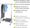 A clothing rack with clothes and accessories, with feature descriptions in English and German. Produktbild-Vorschau