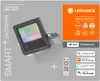 A product image for a smart outdoor floodlight, showing the product, a remote control, and various feature icons and text. Produktbild-Vorschau