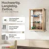 A wall-mounted display cabinet filled with various items, with descriptive text and feature callouts on the left. Produktbild-Vorschau
