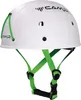 A white climbing helmet with green straps and black buckles, shown against a white background. Voir les images du produit