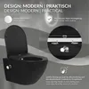 A black wall-hung toilet with its lid open, showcasing its features with text overlays and close-up diagrams. Podgląd zdjęcia produktu