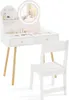 A white children's vanity table and chair set with a lighted mirror and accessories. Podgląd zdjęcia produktu