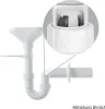 A close-up view of a white plastic siphon trap with a magnified inset showing a ball valve mechanism. Produktbild-Vorschau