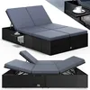 A collage of images showing a black rattan double sun lounger with grey cushions, with a small table attached and the lounger in different configurations. Produktbild-Vorschau
