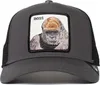 A close-up studio shot of a charcoal gray trucker cap with a patch featuring a gorilla and the word "BOSS". Produktbild-Vorschau