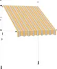 A retractable awning with yellow, blue, and gray stripes, supported by white poles. Produktbild-Vorschau
