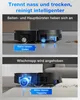 A robotic vacuum cleaner is shown in two different scenarios, demonstrating its features. Produktbild-Vorschau
