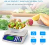 A digital kitchen scale displaying measurements with a salad in a bowl on top, surrounded by ingredients like carrots, lemon, and lettuce being chopped in the background. Overlayed text and icons provide product information. Produktbild-Vorschau