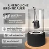 A close-up marketing image of a tabletop fireplace with descriptive text overlays highlighting its features. Produktbild-Vorschau