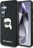 A black Karl Lagerfeld phone case with a raised Karl Lagerfeld head pin and monogram pattern is shown next to a smartphone. Produktbild-Vorschau