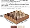 A wooden chessboard with chess pieces and checkers, along with product specifications and dimensions. Náhled obrázku produktu