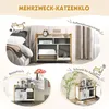 A collage of images showcasing a multi-functional cat cabinet, including its use as a litter box enclosure, storage unit, and side table, with decorative elements and cats. Voir les images du produit