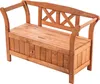 A wooden park bench with a storage compartment. Produktbild-Vorschau