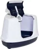 A white and dark blue corner litter box with a scoop attached to the lid. Produktbild-Vorschau