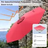 A red umbrella is shown in an outdoor setting with a stone wall and water in the background. There are graphic overlays highlighting features. Produktbild-Vorschau