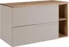 A modern beige and brown vanity unit with two drawers and a side shelf, shown against a white background. Anteprima dell’immagine prodotto