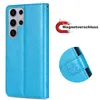 A product image collage showing a blue flip cover case for a Samsung Galaxy S24 Ultra, a close-up of the magnetic closure, and a graphic illustrating a magnetic closure. Produktbild-Vorschau