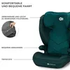 A close-up of a green child car seat with descriptive text overlays highlighting its features. Produktbild-Vorschau