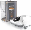 A white and gray handheld vacuum cleaner is shown next to its packaging, which features an image of bedding and product details. Produktbild-Vorschau
