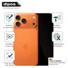 A product image showcasing an orange smartphone with protective film features highlighted by icons and text. Produktbild-Vorschau